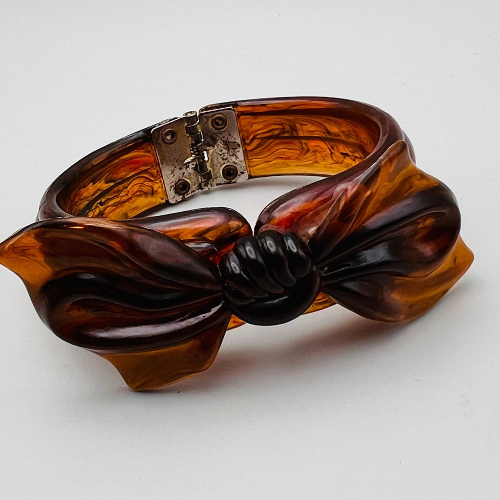 Vintage Tortoise Shell Acrylic Bow Hinged Bangle Bracelet Amber Brown Statement